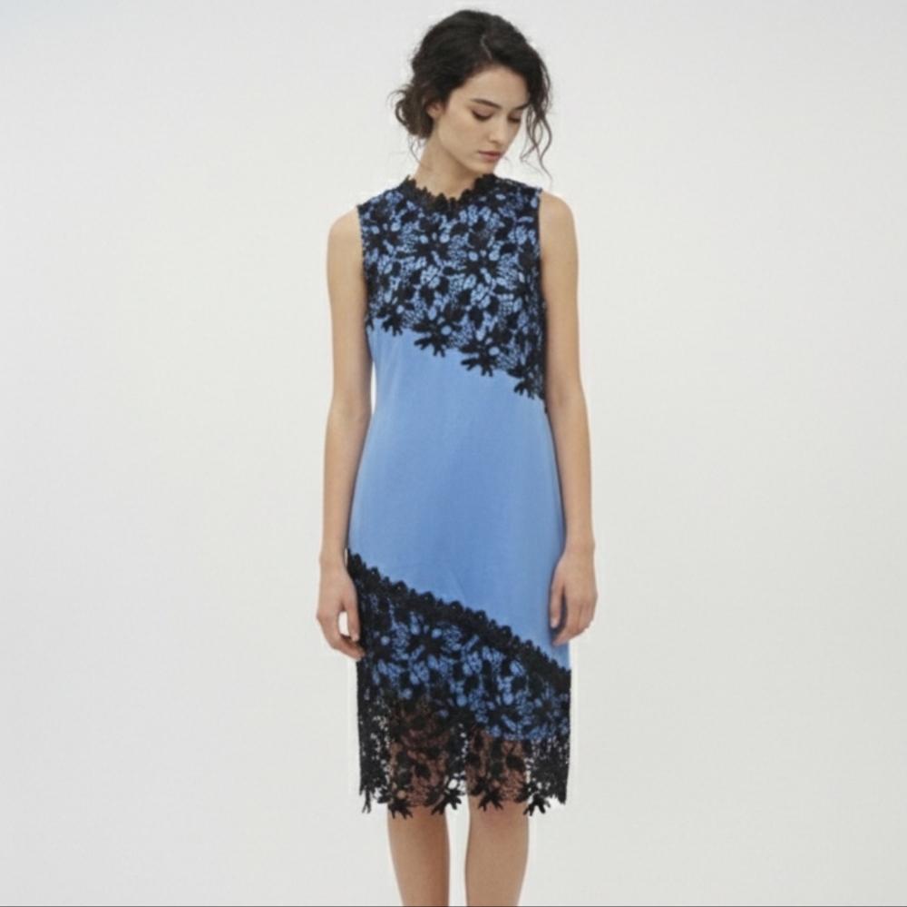 Venus Periwinkle Blue Black Jersey Crochet Lace Dress Sleeveless 14